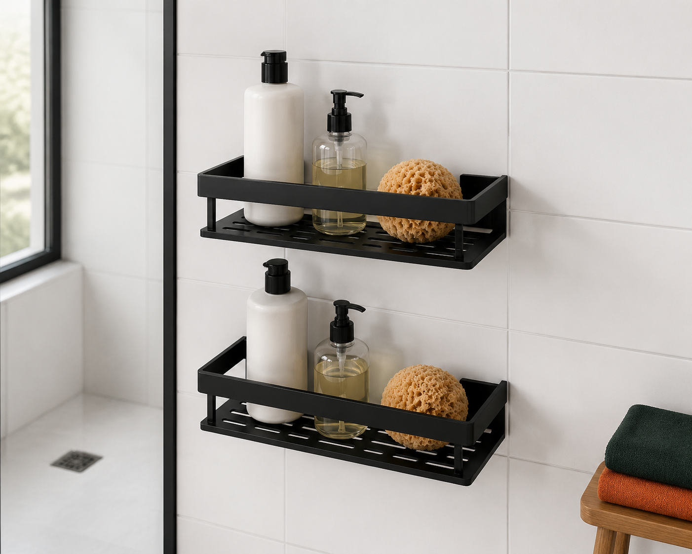 Kit 2 Nichos Prateleiras Suporte Porta Shampoo Box Banheiro Sem Furar Parede (Preto)